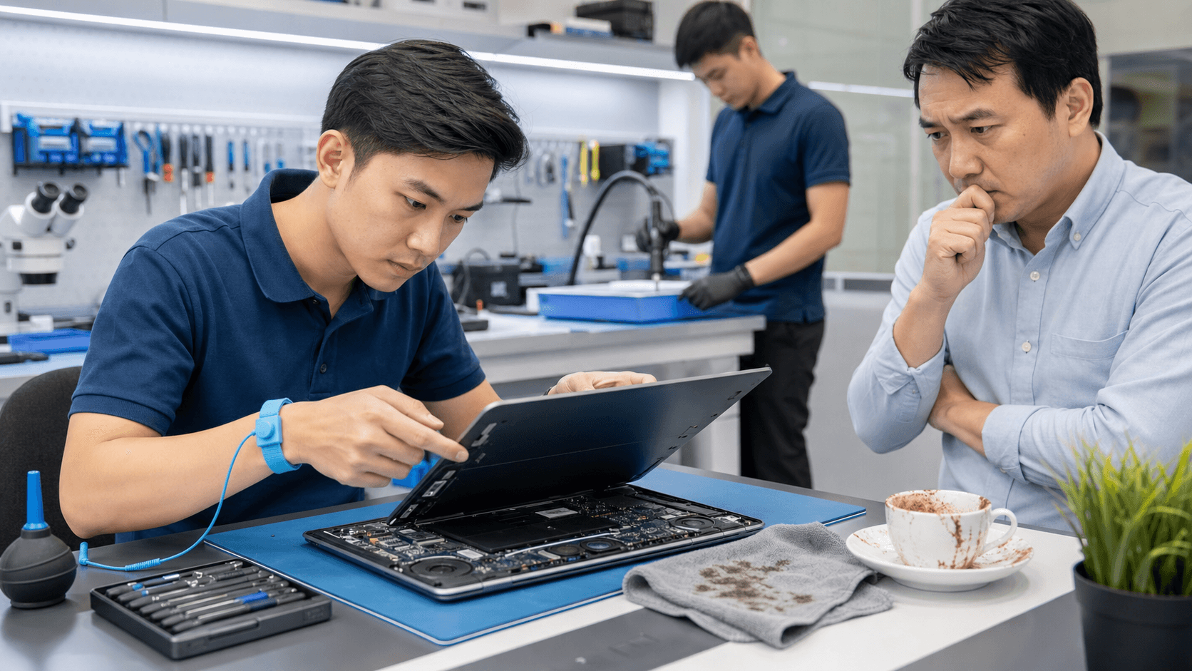 Technician in blue gloves repairs a wet laptop on a workbench under bright white light, tools and parts nearby.