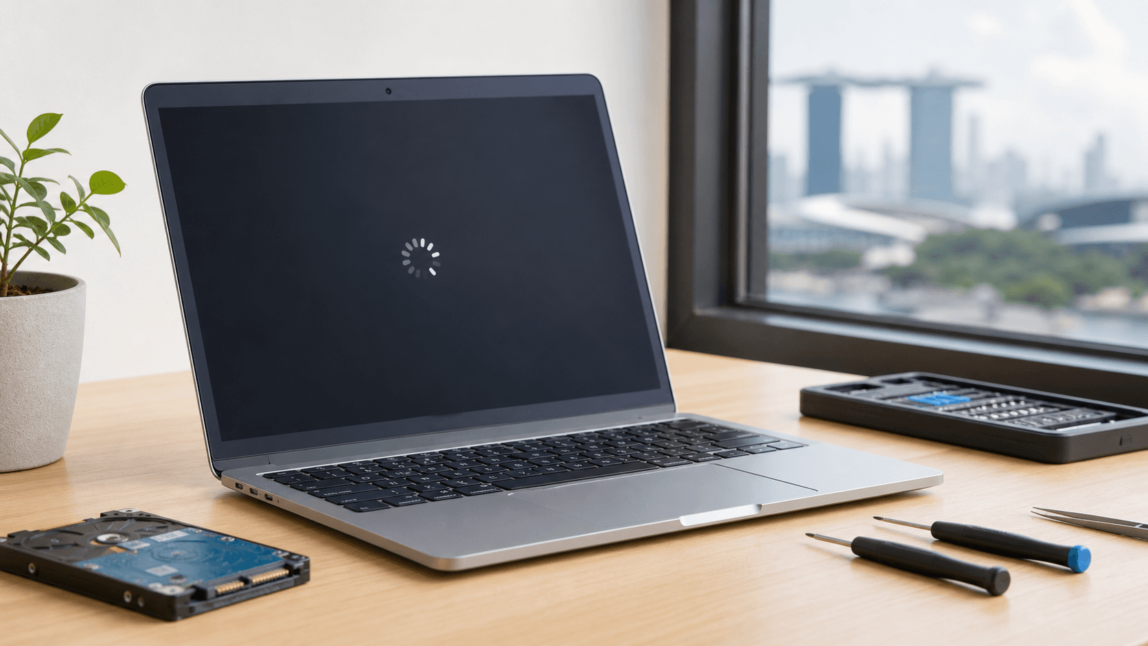 Open laptop with warning icons on screen beside screwdriver and circuit board on a desk, bright modern lighting